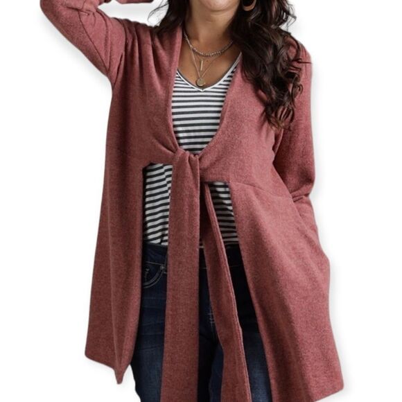 Brown Sash Waist Tie Pockets Mid Length Soft Knit Cardigan Sweater NEW - Picture 3 of 4